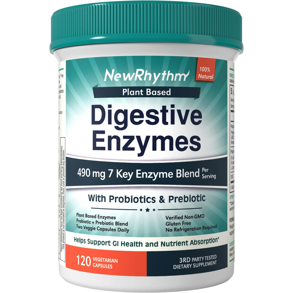 NewRhythm Digestive Enzymes en botella para apoyo digestivo suave y práctico
