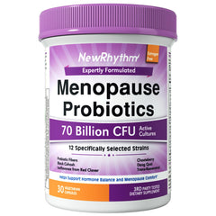 NewRhythm menopause probiotics bottle highlighting 70B cultures for gut balance