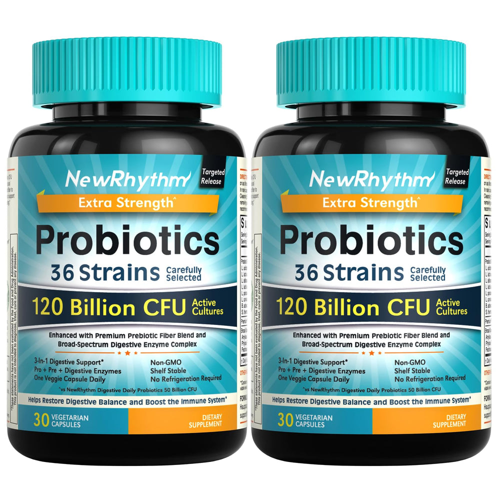 NewRhythm Probiotics 120B CFU bottle cap shows targeted-release capsules for gut health.
