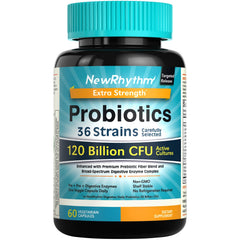 NewRhythm Probiotics 120B CFU bottle promotes gut balance and daily digestive support