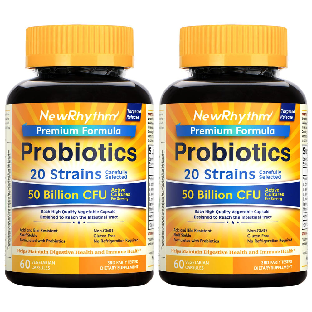 NewRhythm Probiotics bottle image shows daily gut support with convenient capsules.