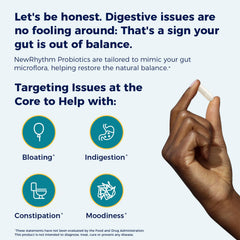 NewRhythm Probiotics prebiotic fiber visual emphasizes digestion-friendly nutrition.