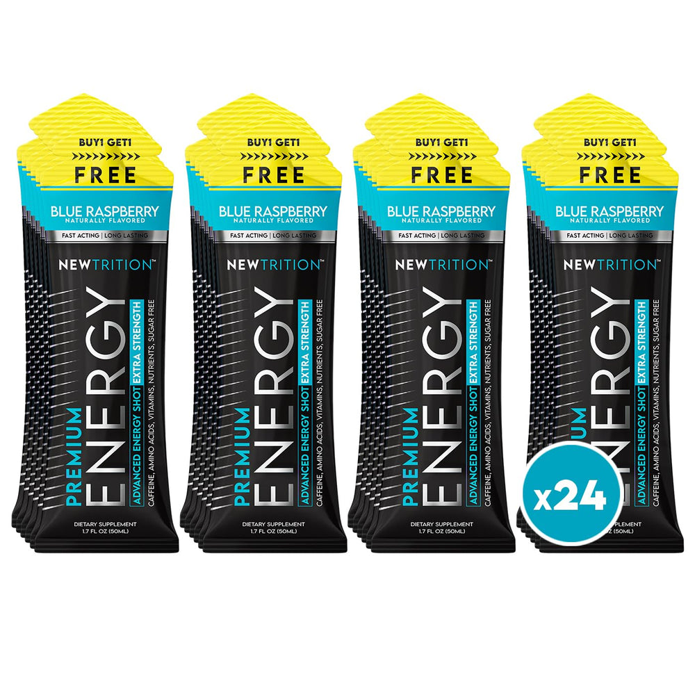 NewTrition Extra Strength Energy Shot blue raspberry bottle boosts daytime focus.