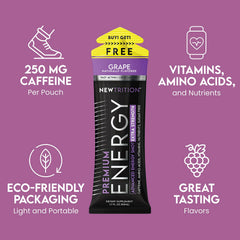 NewTrition grape energy shot poured into a glass shows fast energy on demand.