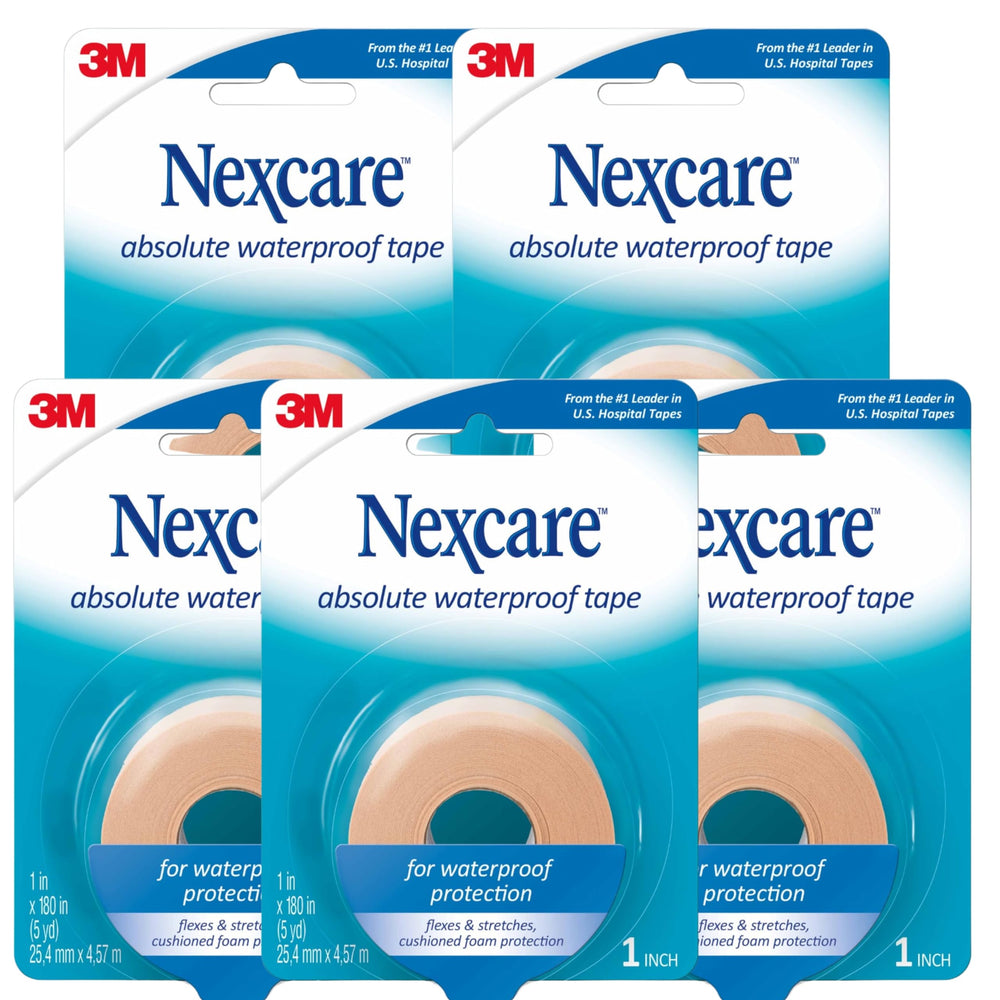 Nexcare Absolute Waterproof Tape packaging shows all-weather durability for active first aid.