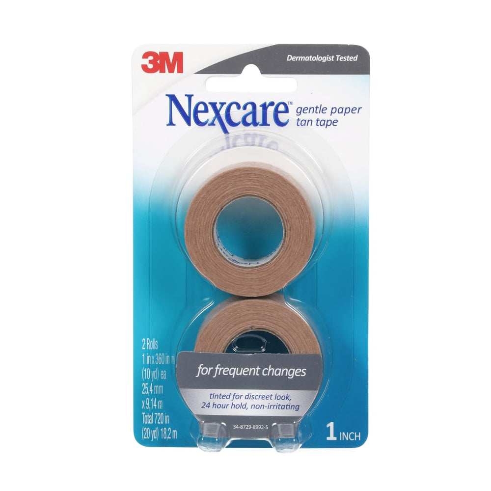 Two-roll Nexcare Gentle Paper Tan Tape pack for discreet, home first aid.