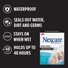 Nexcare Max Hold Bandages protect hands while washing, offering waterproof coverage.