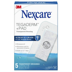 Nexcare Tegaderm + Pad vendaje transparente dorsal cubriendo la zona.