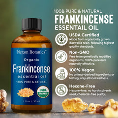 Nexon Botanics Organic Frankincense Oil label showing purity.