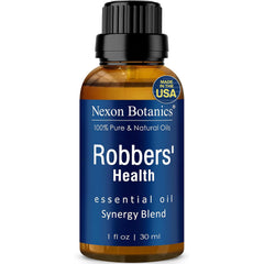 Nexon Botanics Robbers Health Oil bottle for aromatherapy and skin-safe topical use.