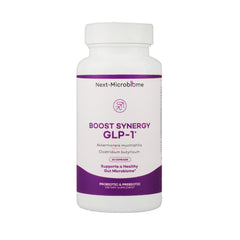 NEXT-MICROBIOME Boost Synergy bottle front for daily gut support.