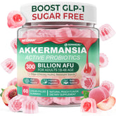 Nextdia Akkermansia Gummies jar closeup showing texture and peach flavor for gut support.