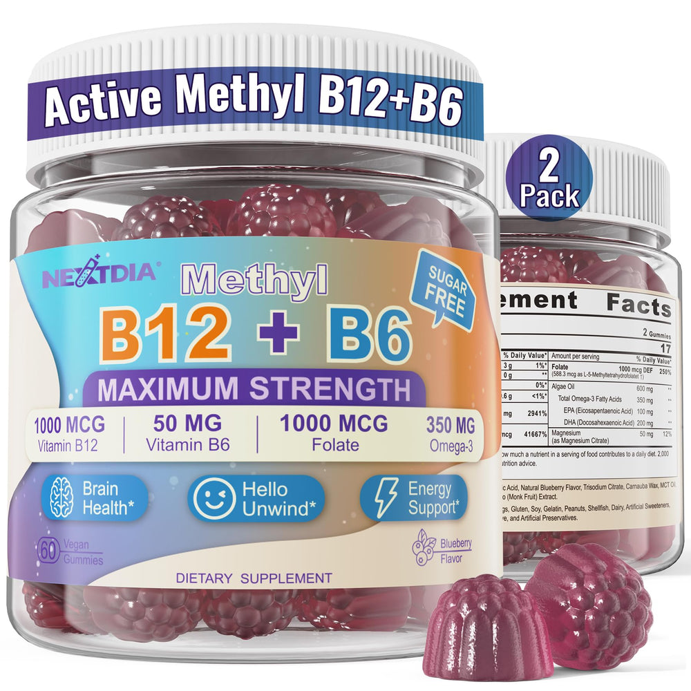 Nextdia B12 & B6 gummies energy bottle pour for quick daytime boost