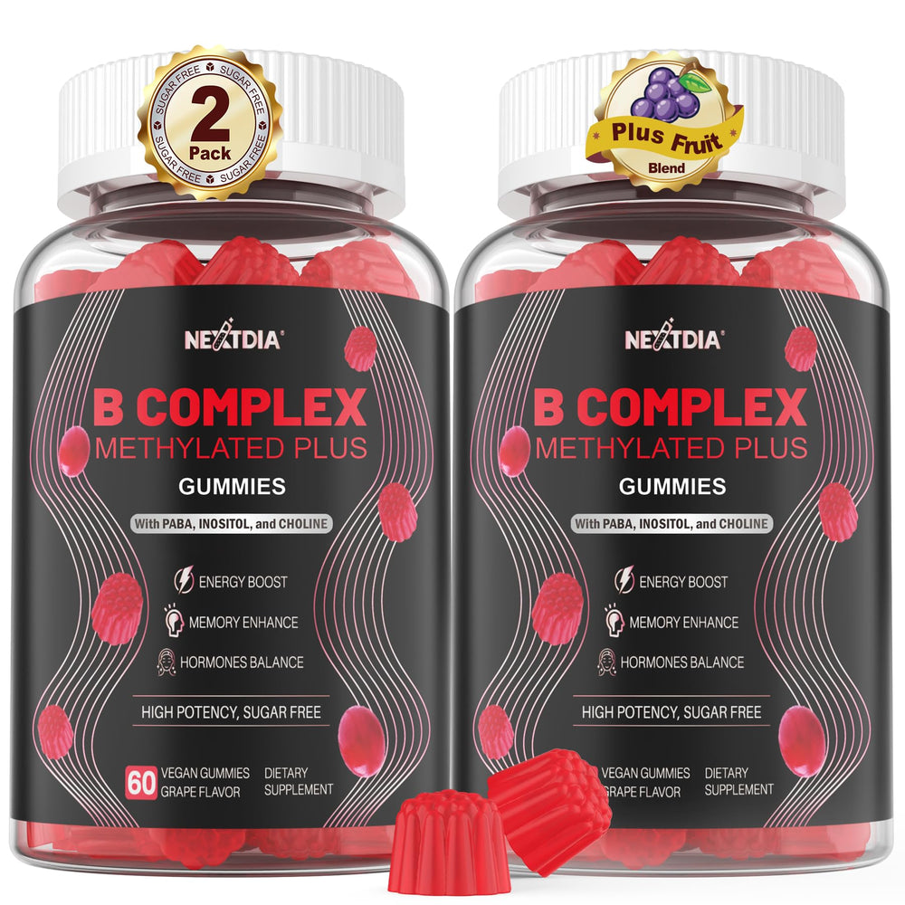 Nextdia Brain & Mood Gummies bottle front, showcasing vegan B-complex for energy support.