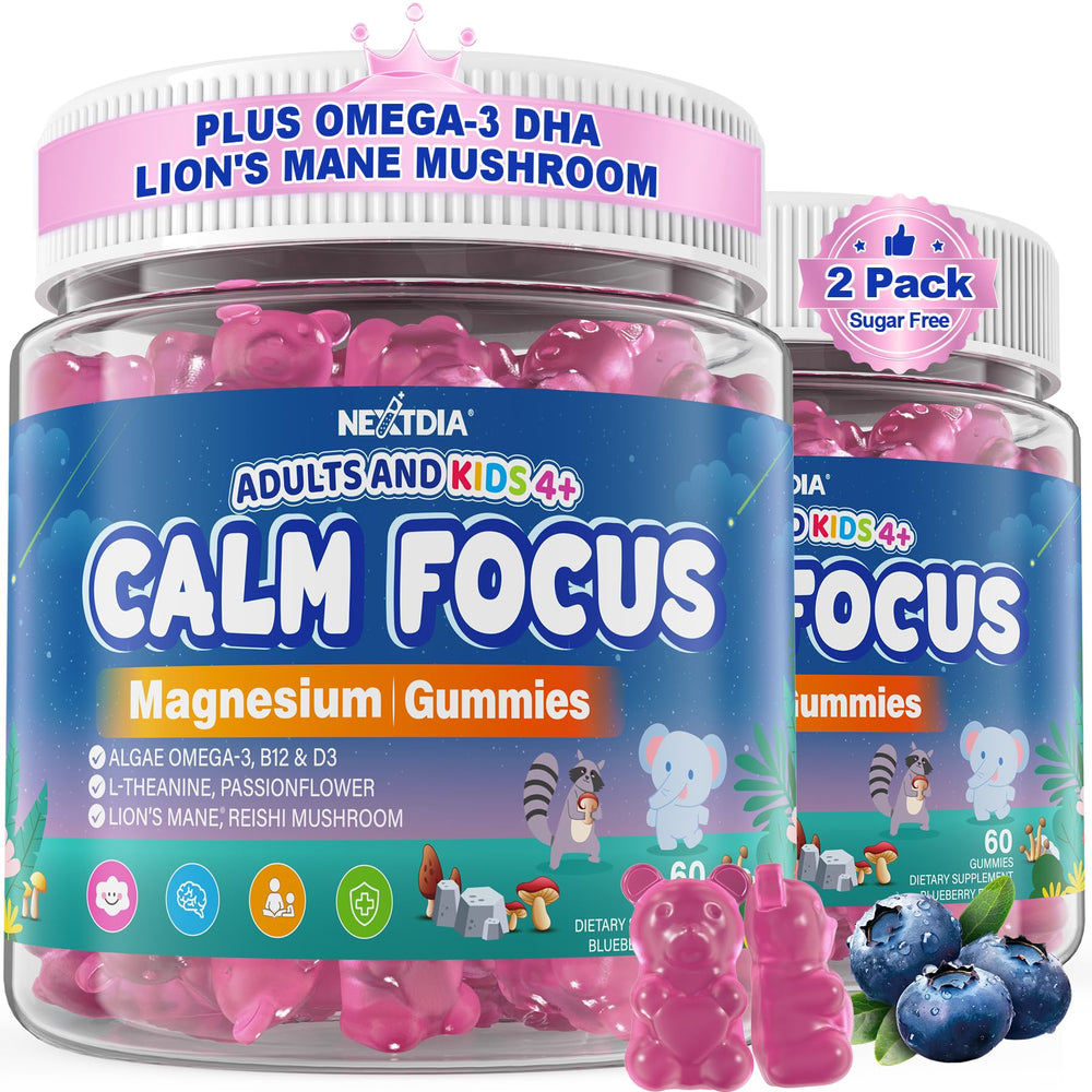 Nextdia Focus Gummies bottle-front view promoting daily calm and focus for all ages.