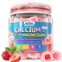 Nextdia Kids Calcium Gummies bottle-front view shows vegan, sugar-free formula for growing bones.