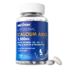 Nextdia liposomal calcium AKG 1500mg bottle shows enhanced bioavailability for calcium delivery