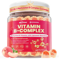 Nextdia methylated B-complex gummies bottle shows high-potency vitamins for daily energy.