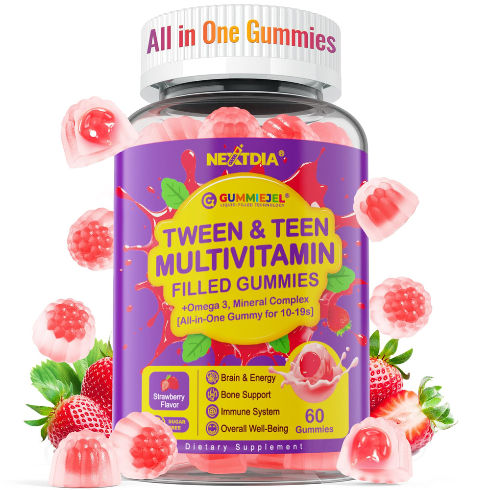 Nextdia multivitamin-filled gummies bottle front, convenient daily nutrition for teens