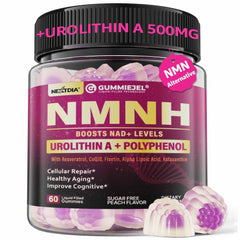 Nextdia NMNH Gummies bottle front shows peach flavor for daily NAD+ support.