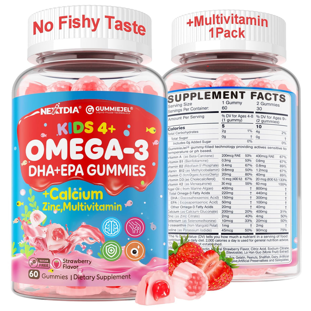 Nextdia Omega 3 kids gummies bottle with colorful vitamins for daily brain and eye support