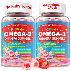 Nextdia Omega 3 kids gummies bottle showcasing no fish taste and vibrant strawberry flavor