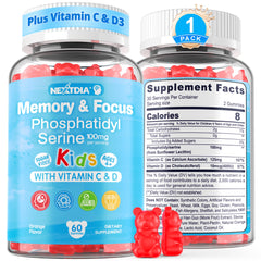 Nextdia phosphatidylserine focus gummies for kids, bottle-front, supports focused study sessions.