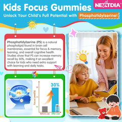 Nextdia phosphatidylserine focus gummies for kids, gummies-closeup, sugar-free taste supports daily consistency.