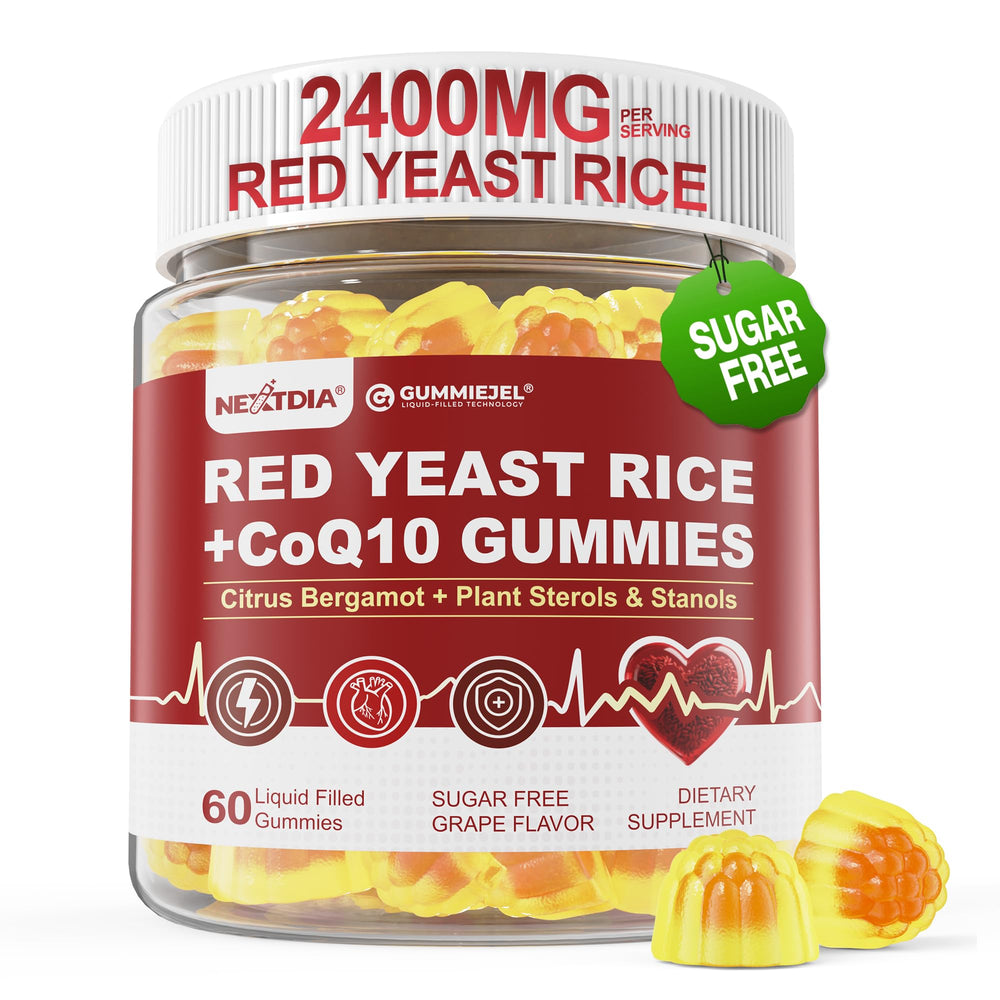 Nextdia Red Yeast Rice Gummies bottle front for easy daily wellness on the go.
