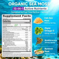 Nextdia Sea Moss Gummies bottle back showing nutrition highlights for immune and metabolism support.