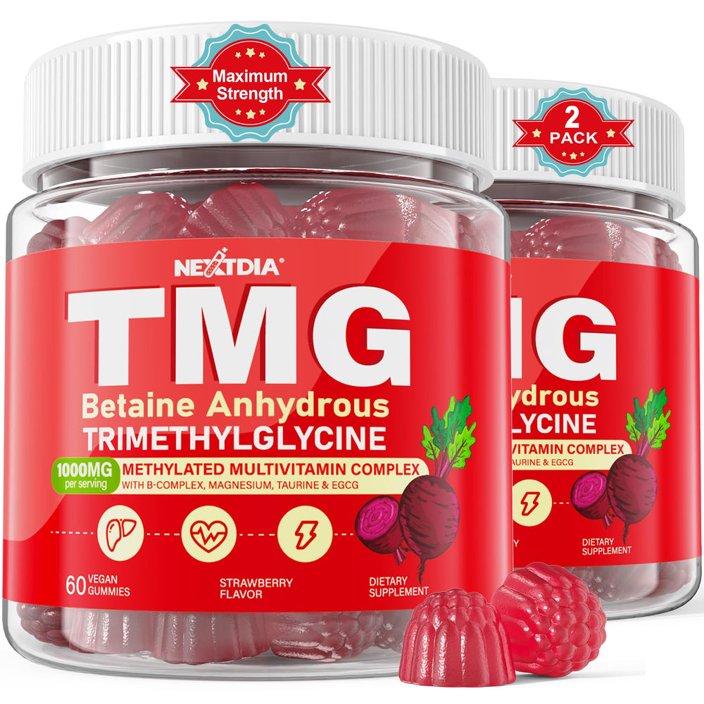 Nextdia TMG Gummies bottle shown for convenient daily methylation support.
