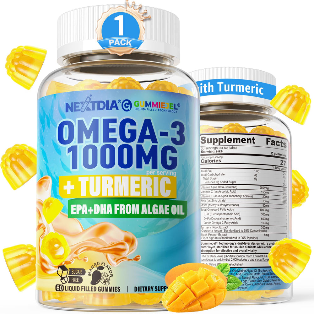 Nextdia vegan Omega-3 Gummies bottle front showing mango flavor for everyday wellness