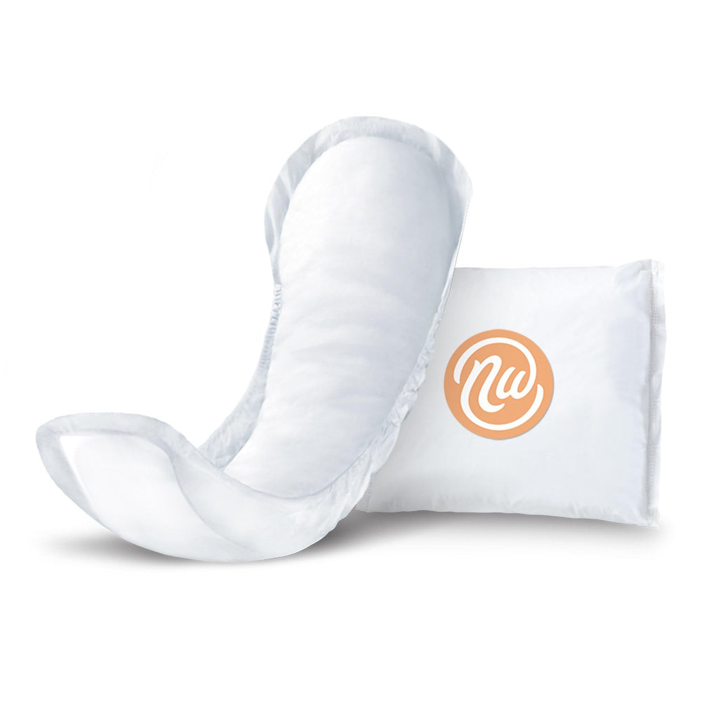 Nexwear incontinence pad compact packaging showing discreet daily wear and easy disposal.
