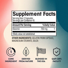 NGL Pure Diosmin 750 mg capsules close up highlighting easy to swallow capsules for daily use