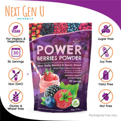 NGU Super Berry Powder ingredients close-up highlighting flaxseed and berries