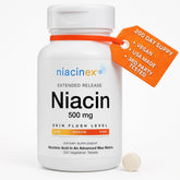 Niacinex 500mg extended-release tablet close-up showing minimal to no-flush formula.