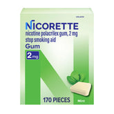 Nicorette 2mg Mint Gum 170-count box shown for cravings management and quit support.