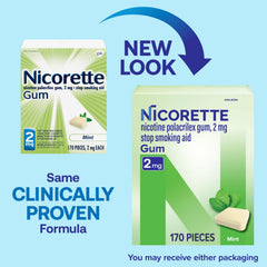 Nicorette 2mg Mint Gum back view shows packaging details and quit support features.
