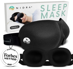 Nidra contoured sleep mask side sleeper provides zero pressure and deep darkness for restful naps