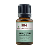Nirvana Nurture Eucalyptus oil bottle close-up, showcasing purity and quality.