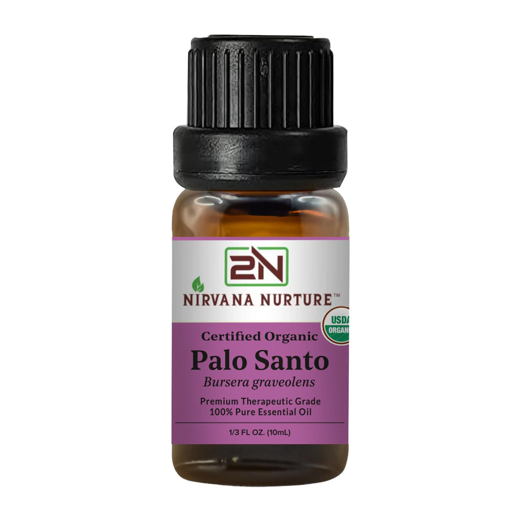Nirvana Nurture Palo Santo oil bottle close-up showing premium purity