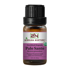 Nirvana Nurture Palo Santo oil bottle close-up showing premium purity