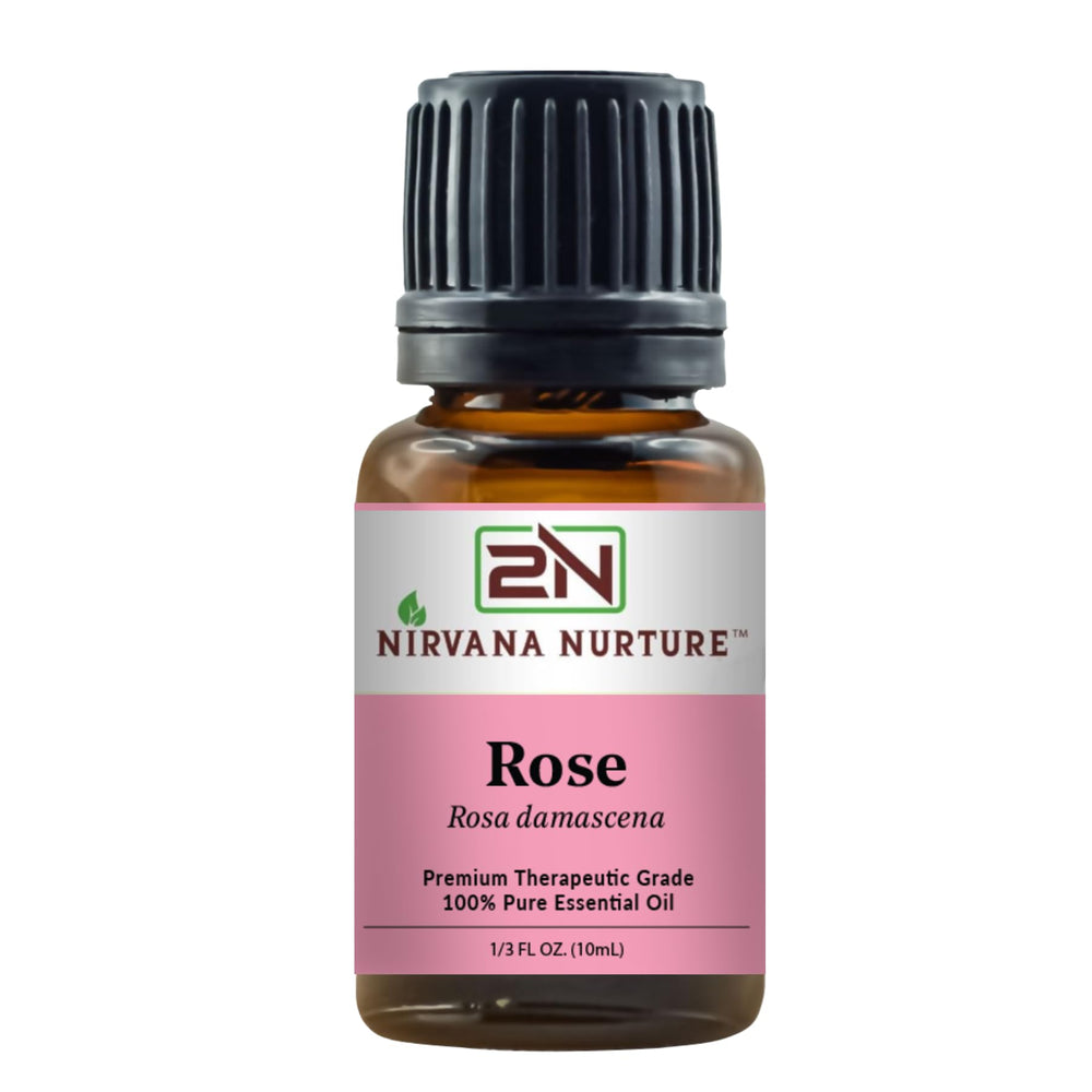 Nirvana Nurture Rose essential oil bottle close-up for relaxation and mood support