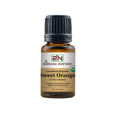 Nirvana Nurture Sweet Orange oil bottle closeup, indicating purity and organic quality.