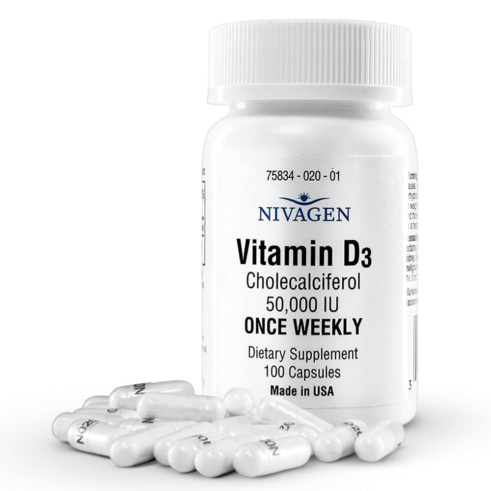 Nivagen Vitamin D3 bottle cap highlights the weekly 50 000 IU dose for consistency