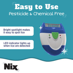 Nix Electronic Lice Comb used on dry hair for mess-free use.