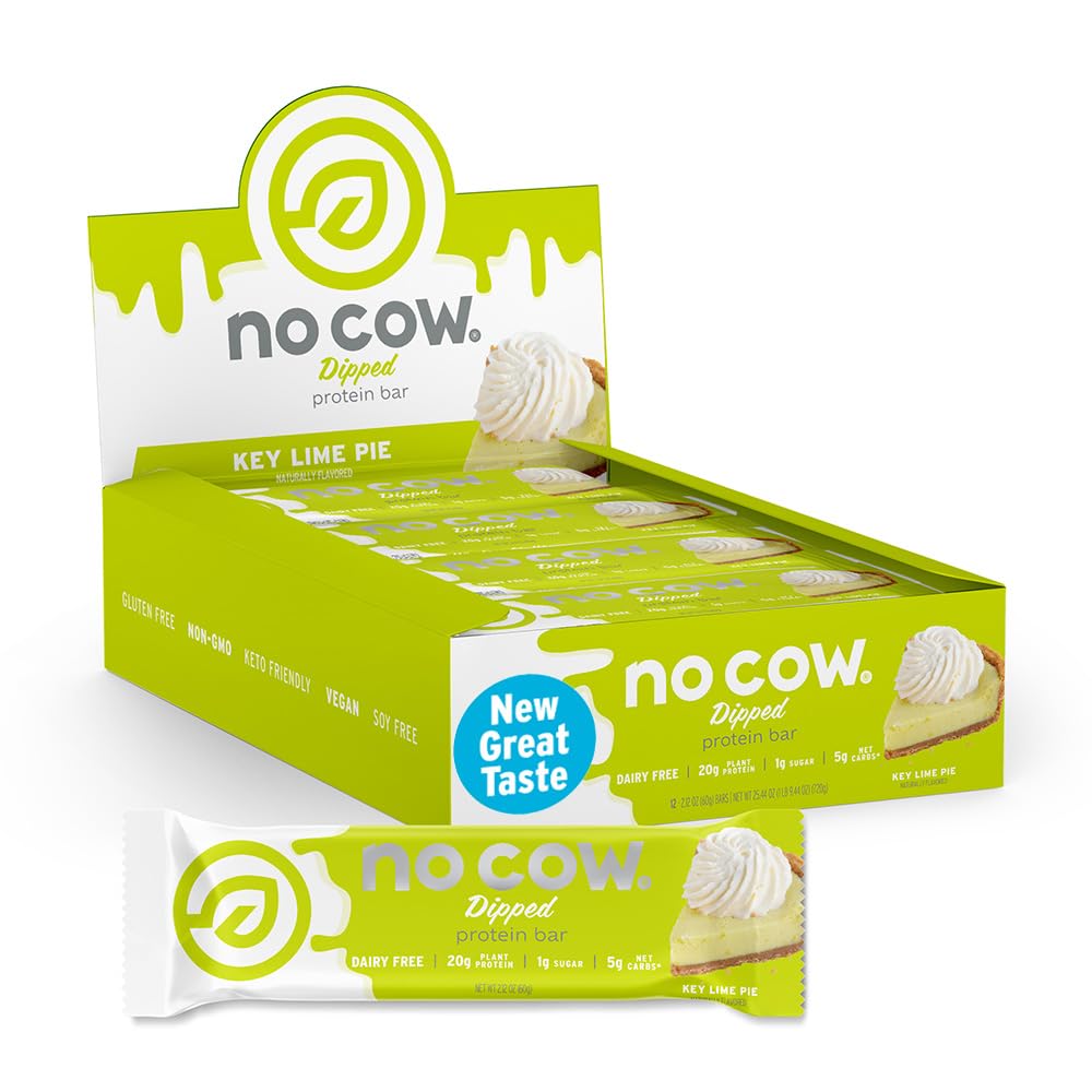No Cow Key Lime Pie bar packshot highlights 20g vegan protein for active days.