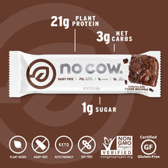 No Cow vegan protein bar close-up texture highlighting chewy, chocolatey center.