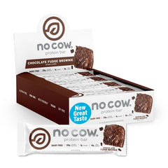 No Cow vegan protein bar upgraded chocolate fudge brownie close-up shows rich texture for post-workout fuel.