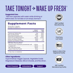 DHM Detox 5 capsules beside water, plant-based blend for effortless bedtime routine.